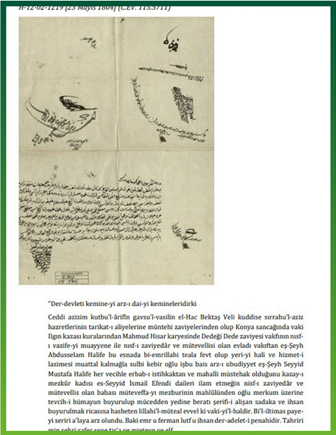 23 Mayıs 1804 tarihli Dediği Dede Zaviyesi belgesi